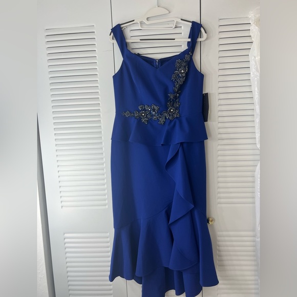 Off the shoulder navy blue mid length dress with detailing from Aidan Mattox - Picture 1 of 10
